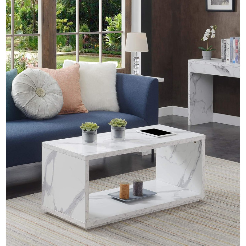 Table basse avec tablette, finition en faux marbre blanc, table de salon moderne