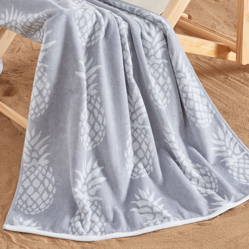 Serviettes de plage 100% jacquard 100% coton, Gris / blanc ananas et rayures