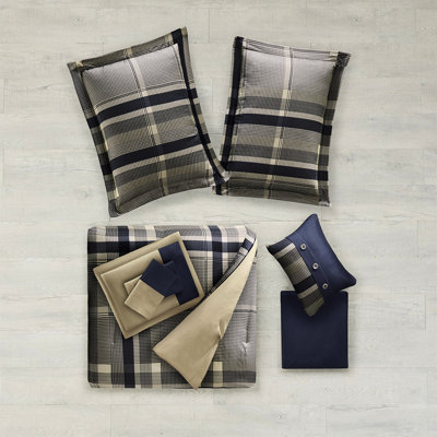Navy Multi Plaid Queen Comforter And Sheet . Comprises Comforter, 2 Shams, Pillow, Flat & Fitted Sheets, Pillowcases. . Machine Washable. Stylish Bedding. With Bed Sheets - Multi. Features Filling.