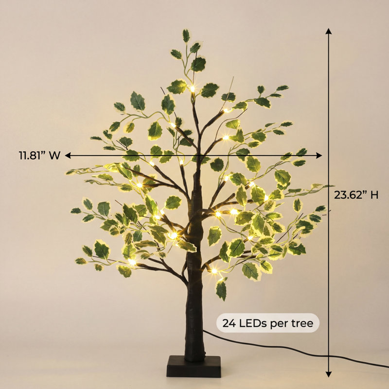 Paquet de 2 arbres feuillus verts artificiels de 2 pi, arbres verts décoratifs pré-éclairés pour la présentation des fêtes