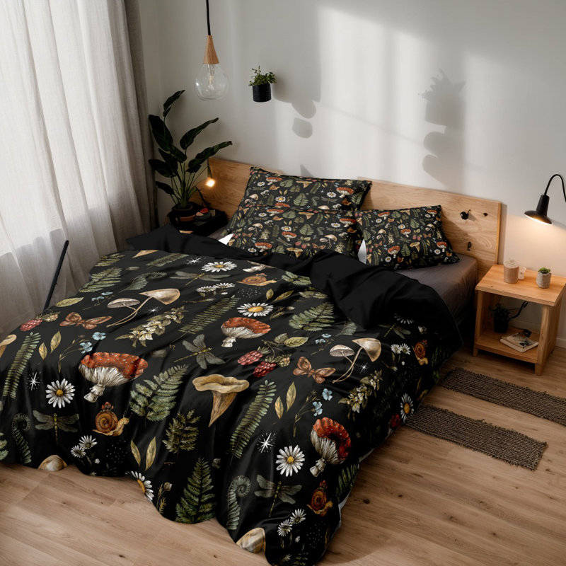 Forest Mushroom Botanical Microfiber Duvet Cover Set with Pillowcases, Digital Print Woodland Fungi and Ferns Front on Black with Solid Black Back, Reversible Bedding, Twin Full Queen King, Comforter and Pillow Inserts Not Included
