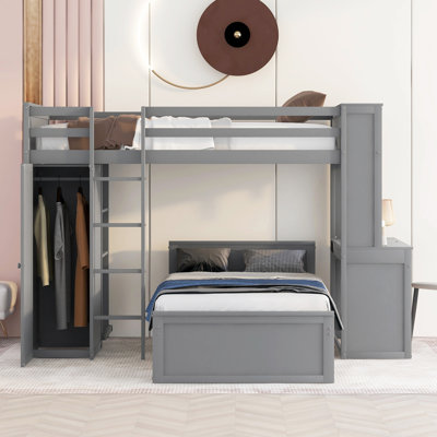 Lit mezzanine simple avec lit autonome, tablettes, bureau et garde-robe