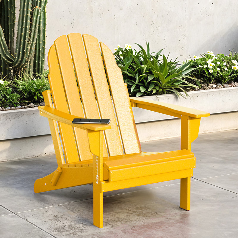 Outdoor Hdpe Folding Adirondack Chair, All-Weather Resistant, Yellow, Yellow