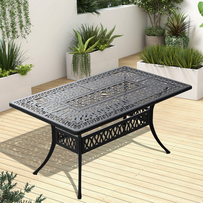 Table de salle à manger L58.27 * W34,65 pouces en fonte d'aluminium avec structure noire et trou pour parasol