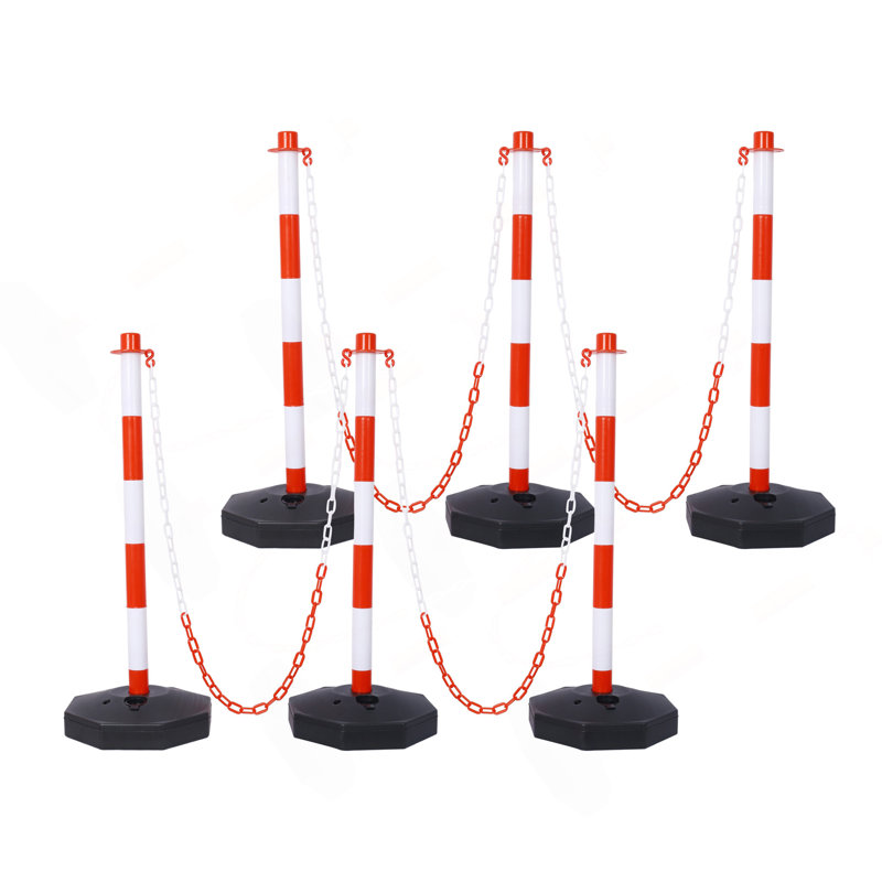 Paquet de 6 cônes de poteau de circulation avec base remplissable, barrière de sécurité en plastique réglable avec chaîne en plastique de 5 pi, poteau de contrôle des foules extérieur et intérieur pour contrôle du trafic et avertissement