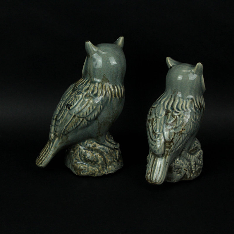 Ensemble de 2 figurines de hibou en céramique à finition craquelée grise