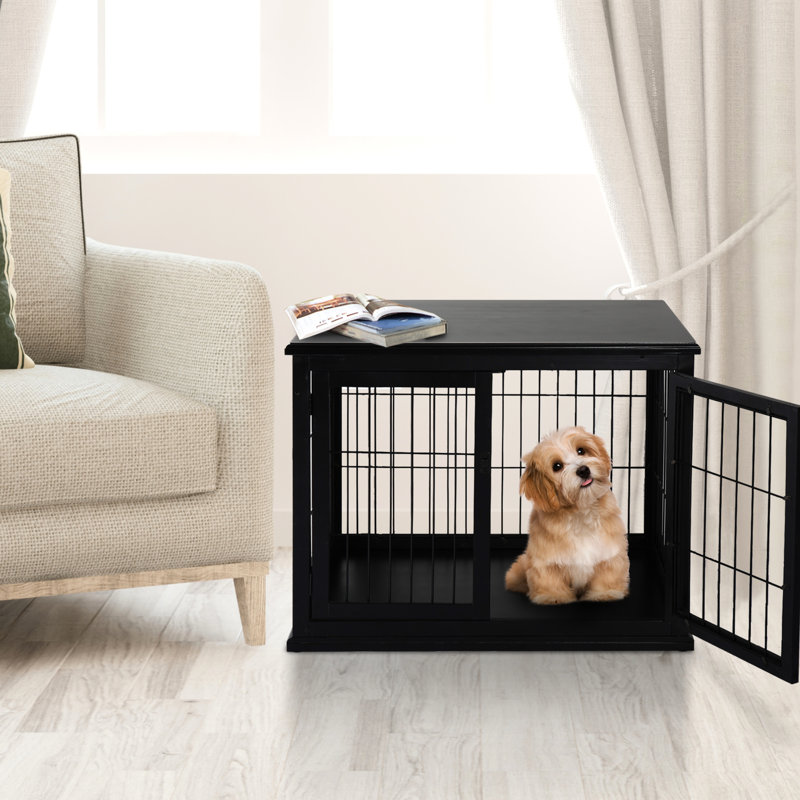 Petite table de bout pour cage de petit chien, noire avec double entrée, porte verrouillable pour chenil d'intérieur, cage décorative et fonctionnelle noire, deux côtés d'ouverture, chenil intriguant