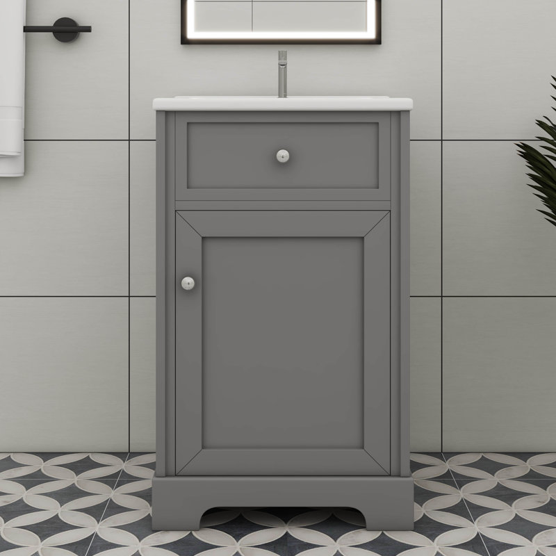 Meuble-lavabo de 20 pouces avec comptoir en céramique à deux niveaux et tablettes réglables, Gris