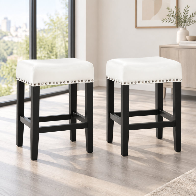 Ensemble de 2 tabourets de comptoir en cuir 26 po, 2 pièces, Blanc pur