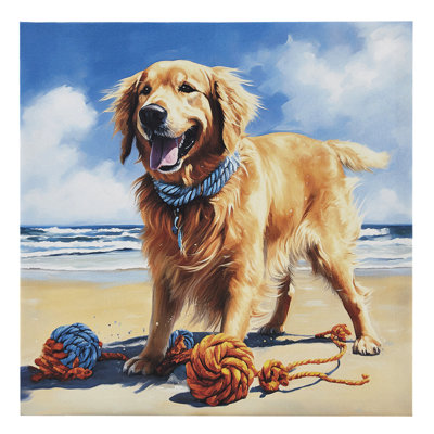 Golden Retriever Wall Art Canvas - Beachside Dog Delight 16"W X 16"H Print Beach Joy Decor