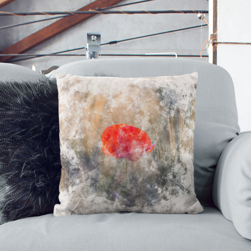 Poppy Flower Watercolour Cushion with Filling, Black, 40cm H x 40cm W x 15cm D