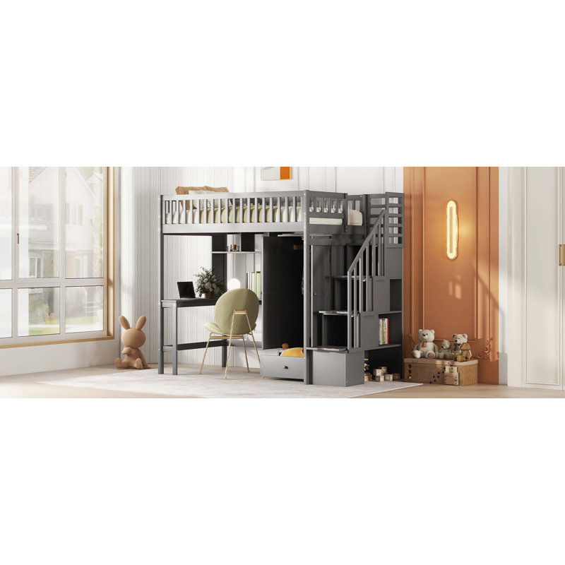 Loft Bed With Bookshelf,Drawers,Desk,And Wardrobe, Twin, Gray