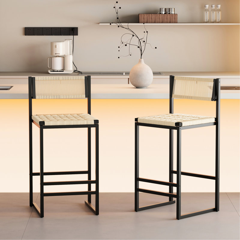 2 tabourets de cuisine avec structure en métal et siège en corde de papier tissé, conception moderne pour tout endroit, jusqu'à 220 lb, l 15,38 po x H 35,75 po partout