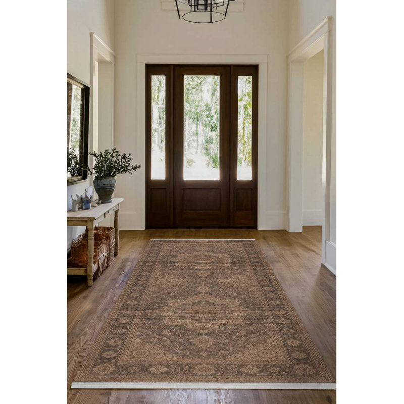 Nouvelle Collection Digital Print Cotton-Polyester Brown Oriental Rug, Runner 4' x 10'6"