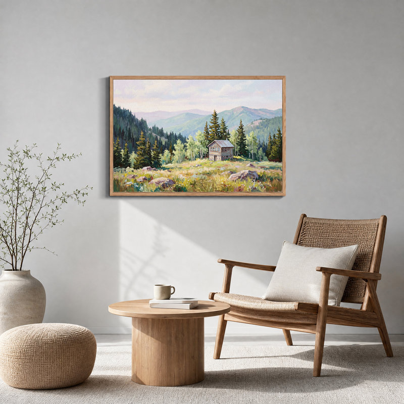Tableau sur toile représentant une cabane de montagne dans un paysage de forêt de pins, H 18 po x l 24 po