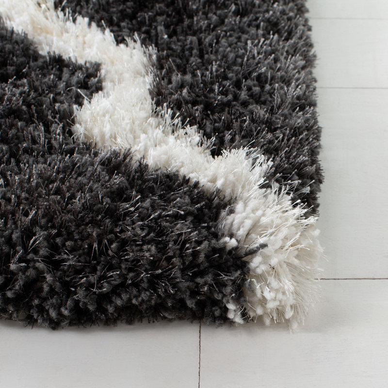 Tapis à poils longs en coton / polyester noir / ivoire, Rectangle 8 pi x 10 pi