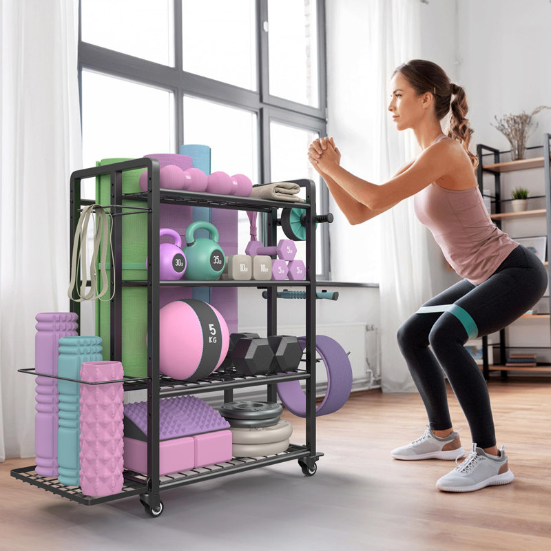 Support à 4 niveaux pour haltères, support de poids réglable pour haltères, tapis de yoga Kettlebells, support de rangement pour gymnase à domicile avec roues et crochets, noir