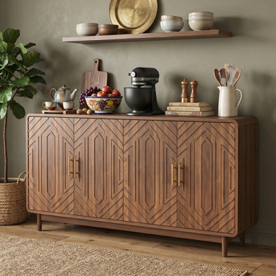 55" Mid-Century Modern 4-Door Carved Wood Sideboard, Walnut Accent Buffet Cabinet with Adjustable Shelves