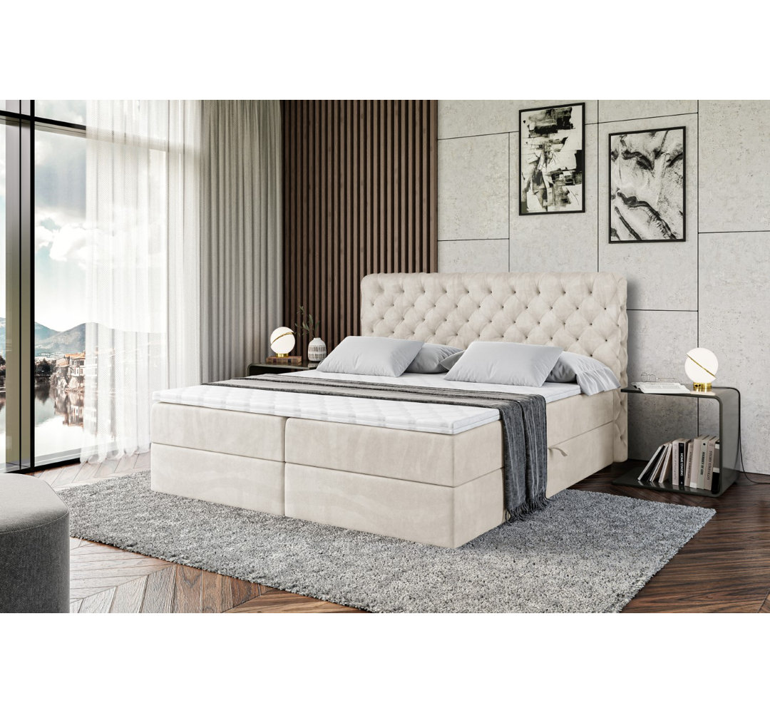 Boxspringbett Rhia mit H3 Bonell-Federkernmatratze, Topper und Bettkasten