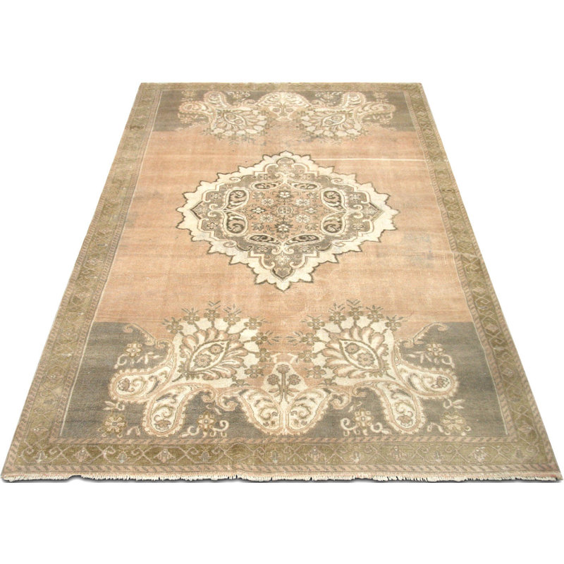 Tapis unique en laine noué à la main de style années 1960 de 6 pi 9 po x 11 pi 6 po gris / orange clair / beige