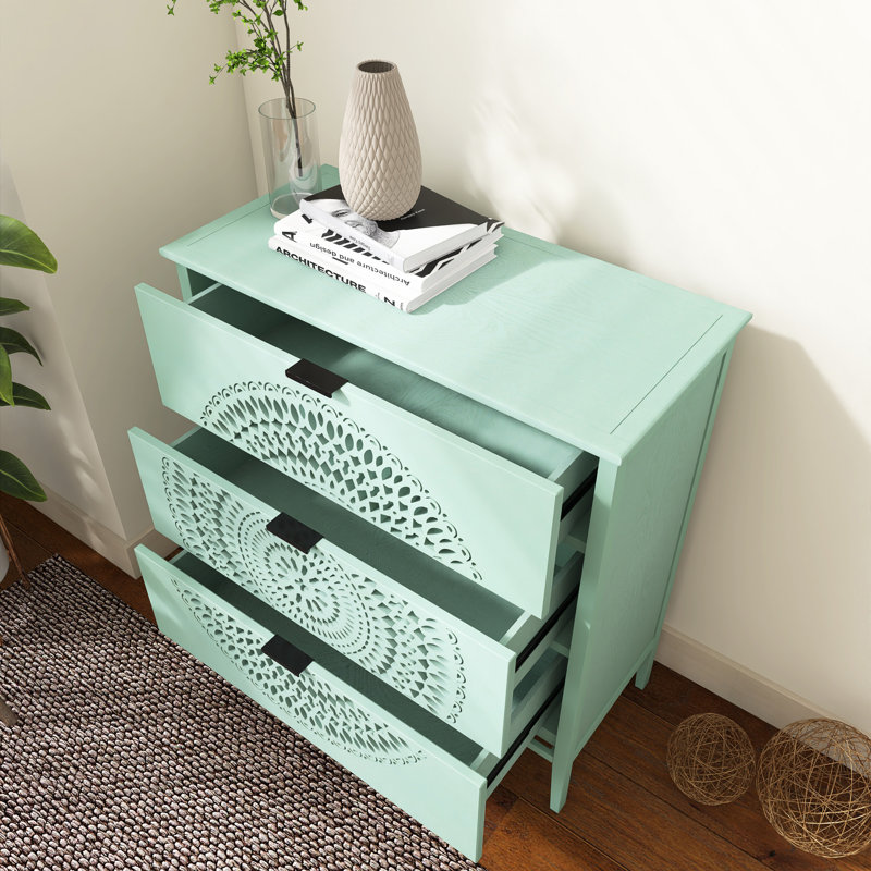 34 In. H Cabinet With 3 Drawers, Black, Light Green