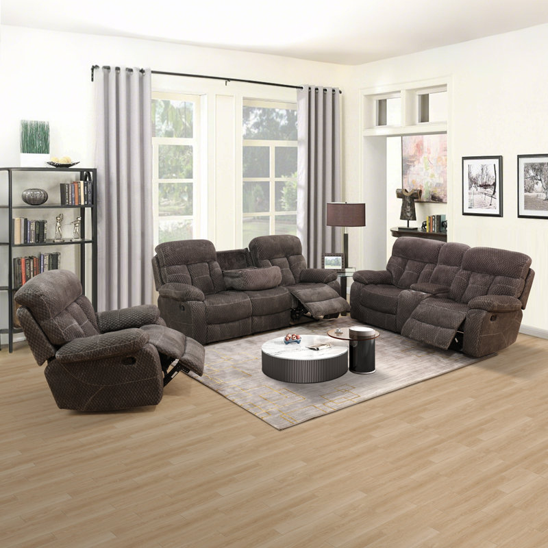 Manual Reclining Couch Sofa Set With Drop-Down Table, 3 Pieces Brown Cashmere Fleece Recliner Couch Sets, Living Room Furniture Sets, Recliner Sofa With Storage Console/Cup Holder For Home/Apartment