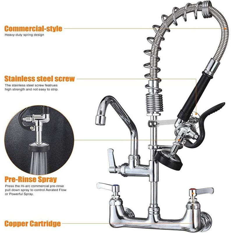 Commercial Kitchen Faucet With Pre-Rinse Sprayer & Swivel Spout