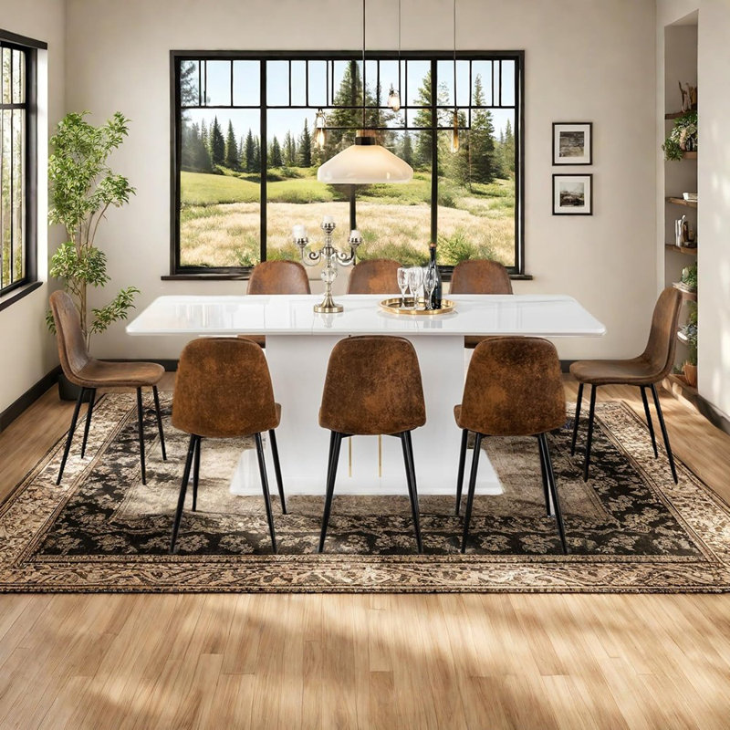 Table de salle à manger 9 pièces à haute brillance avec 8 pieds en cuir brun durable pour 6 à 8 personnes, ensemble de table extensible 63-80,7 po contemporain pour salle à manger, salle de conférence, espace de réception, blanc