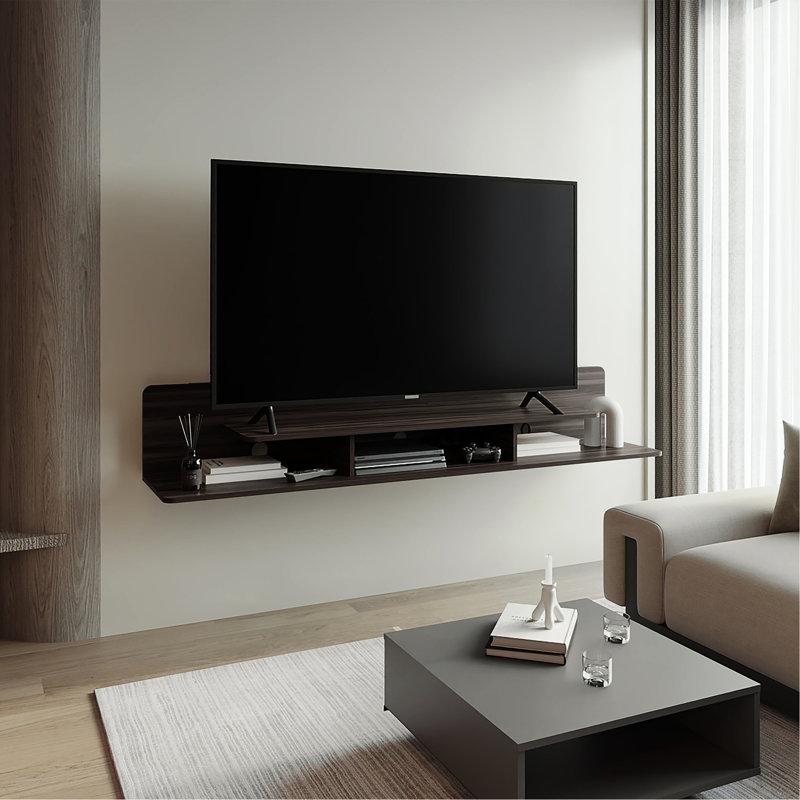 Meuble télé flottant avec tablettes ouvertes et élégante, pour console de salon, finition noyer