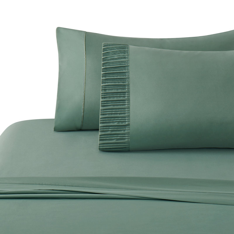 Queen Green Deep Pocket Polyester Bamboo Satin Sheet Set