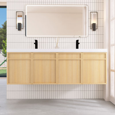 60 Inch Floating Double Bathroom Vanity With Resin Top and 4 Soft-Close Doors