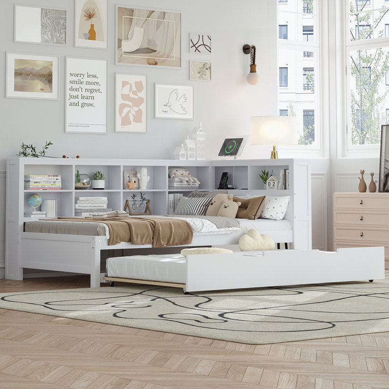 Lit de jour simple en bois avec lit gigogne simple, lit de jour avec tablette de rangement et ports de chargement USB