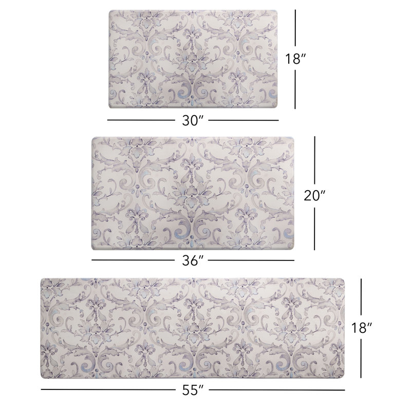 Cream and Blue Damask Anti-Fatigue Kitchen Mat