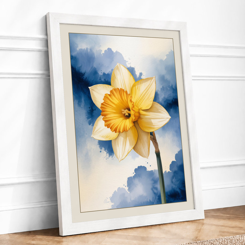Solitary Daffodil Botanical - Framed Print, A4 - 29.7 x 21.0 cm, White