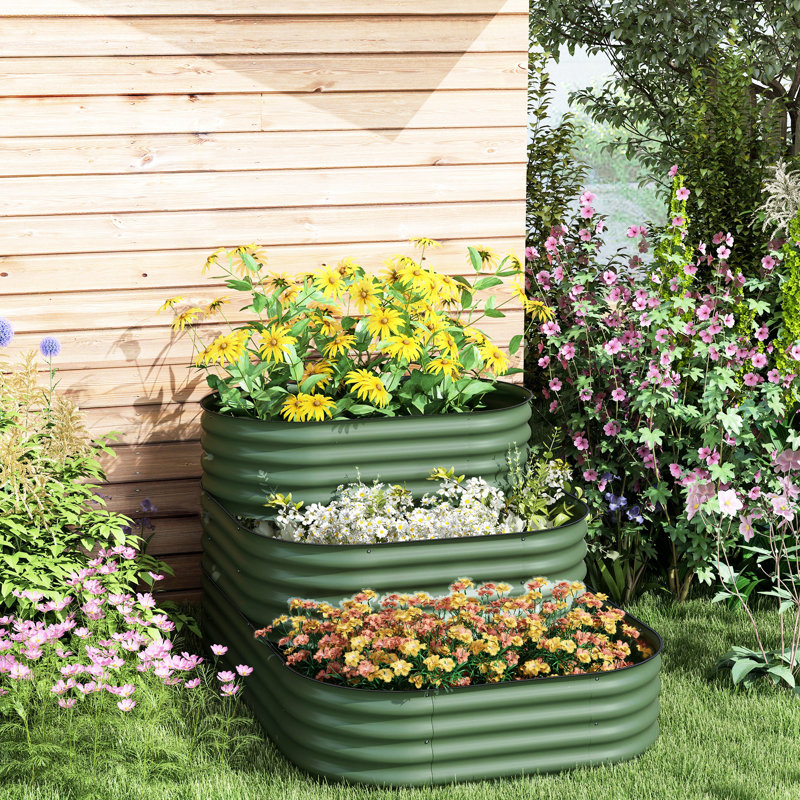 Ensemble de 3 jardinières surélevées en acier galvanisé de 60,84 po x 43 po x 32,11 po, à trois niveaux pour un jardinage polyvalent, ouvert pour favoriser la croissance, protégé par un contenant de lit à bordure en caoutchouc, convient à divers types de plantation