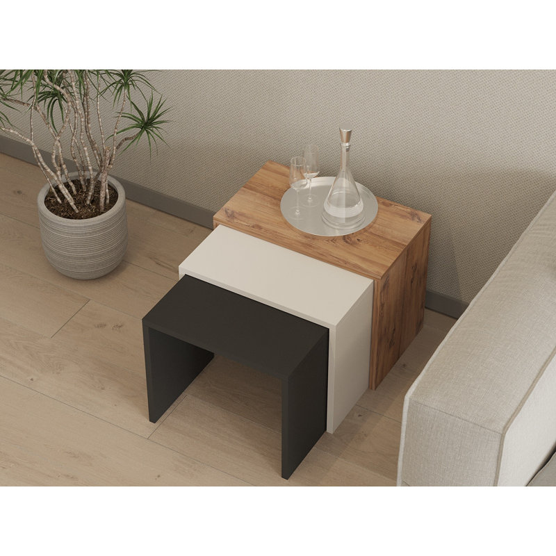 Modern Nesting Table Set (3 Pieces), Anthracite & Oak, 19.7 x 15.7 x 15.0 inches | 100% Melamine Coated Particle Board, Thickness: 0.7 inches | Stylish & Functional for Home Office & Living Spaces