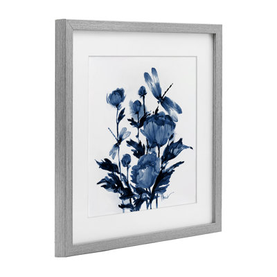 Indigo pivoines et libellules, reproduction encadrée sous verre, conception de Paul Brent
