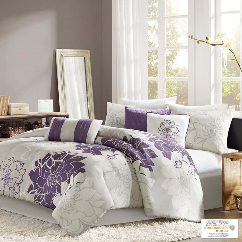 Couette Queen gris taupe/violet - Tissage croisé 180 fils/cm², lavable à la machine, imprimé pour garnissage 270 g/m²