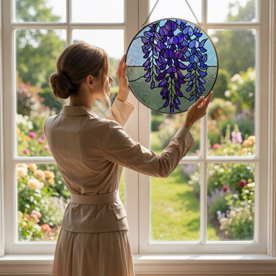 12"H Wisteria Flowers Stained Glass Window Panel