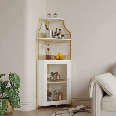 Armoire à vin Gold Farmhouse avec éclairage DEL, buffet de rangement à 5 niveaux avec porte-verre et porte-bouteilles amovible, tablettes réglables et porte grillagée en métal pour la salle à manger