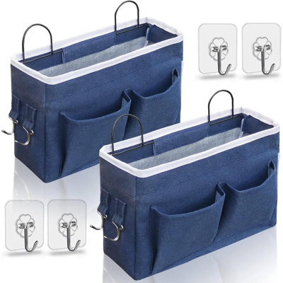 2Pcs Middle Wall Hanging Organizer Bag, Linen Fabric Door Hanging Storage Basket With Pockets, Waterproof Bin For Kitchen, Bedroom, Office, RV Camper (Blue)
