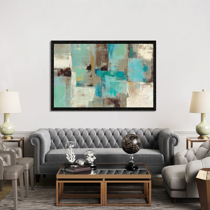 Teal And Aqua Reflections #2 by Silvia Vassileva - Print on Canvas, Black Floater Framed, 152.5 cm H x 101.5 cm W