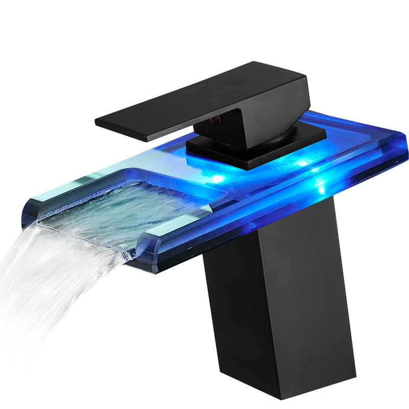 Robinet de lavabo de salle de bain à 3 couleurs variées, bec cascade, mélangeur d'eau froide, robinet de plomberie noir à une poignée à fixation sur le comptoir, transformateur, lavabo