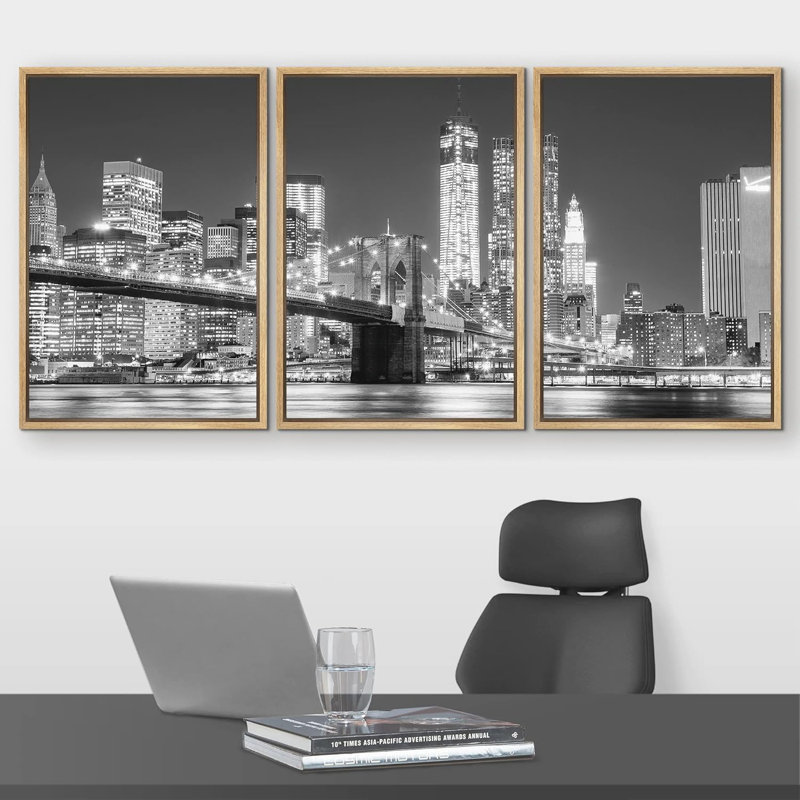 «Architecture Building», art de toile de Manhattan et pont de Brooklyn noir et blanc, art de la maison, 3, H 36 po x l 72 po