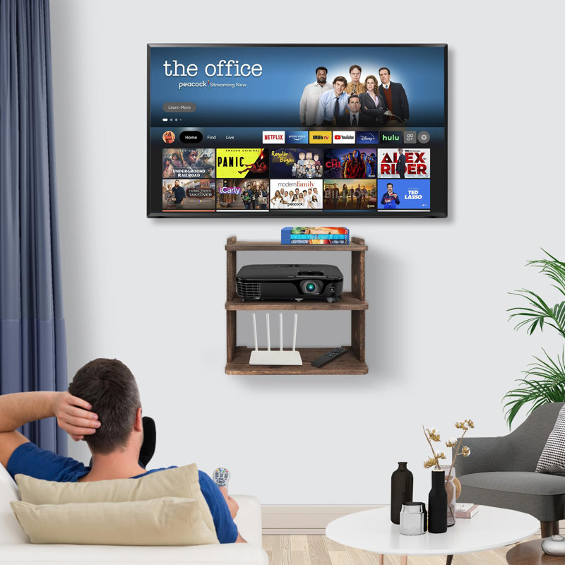 Wooden Floating Shelf Wall Mount Projector Router TV Bracket, Brown