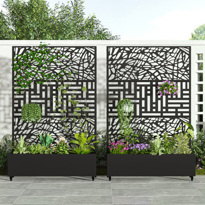 Ensemble de 2 jardin surélevé autoportant à deux tons avec écran d'intimité Boîte à fleurs en métal avec treillis pour plante grimpante
