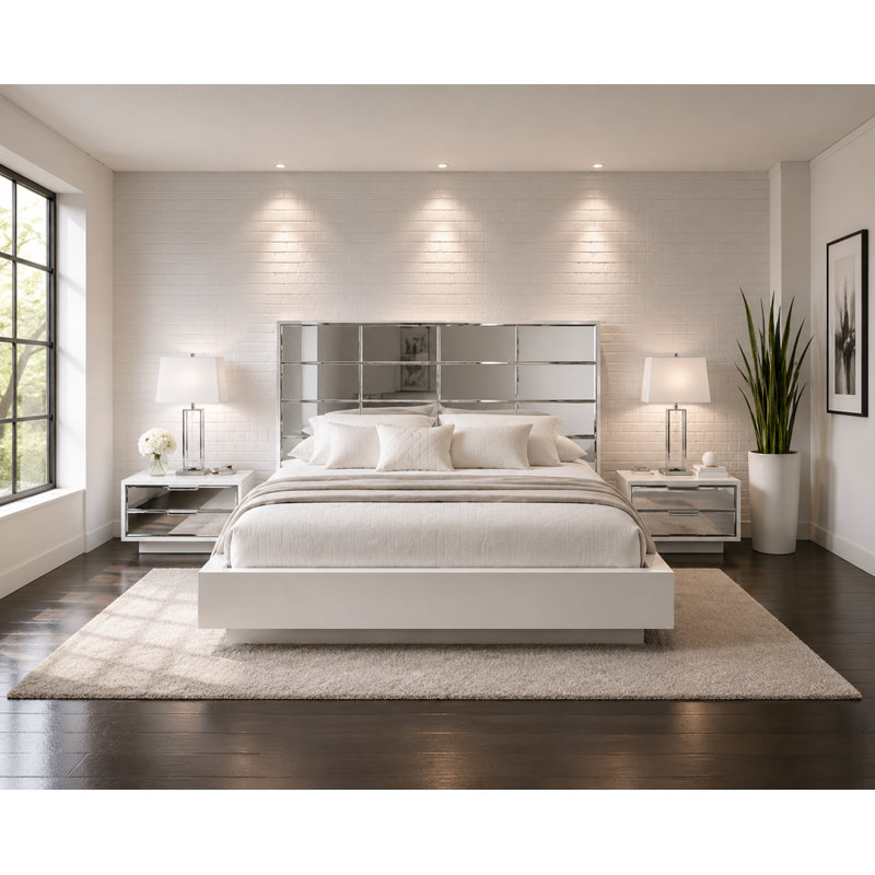 Mera White Lacquer Queen Platform Bed with Mirrored Headboard, Queen, White