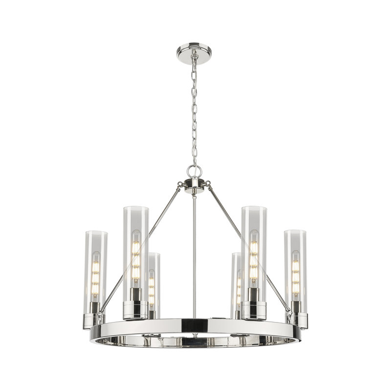Lustre 6 lumières avec abat-jour Scherer, Nickel poli, Gris fumée clair