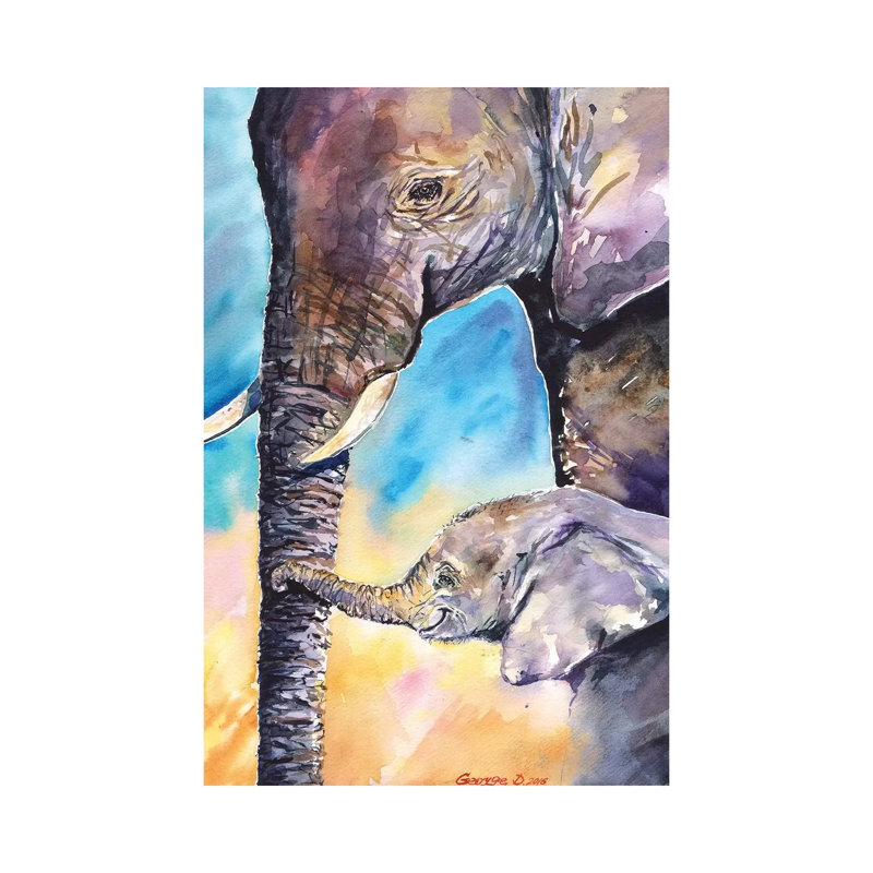 Elephant Mother And Calf by George Dyachenko - Wrapped Canvas Painting, 20.32 cm H x 30.48 cm W