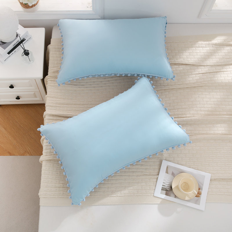 Sky Blue Pom Poms Pillowcases, Blue Standard Pillow Cases Set of 2, 100% Washed Microfiber,Pale Blue Ball Fringe Pillow Cover, 2 Pack